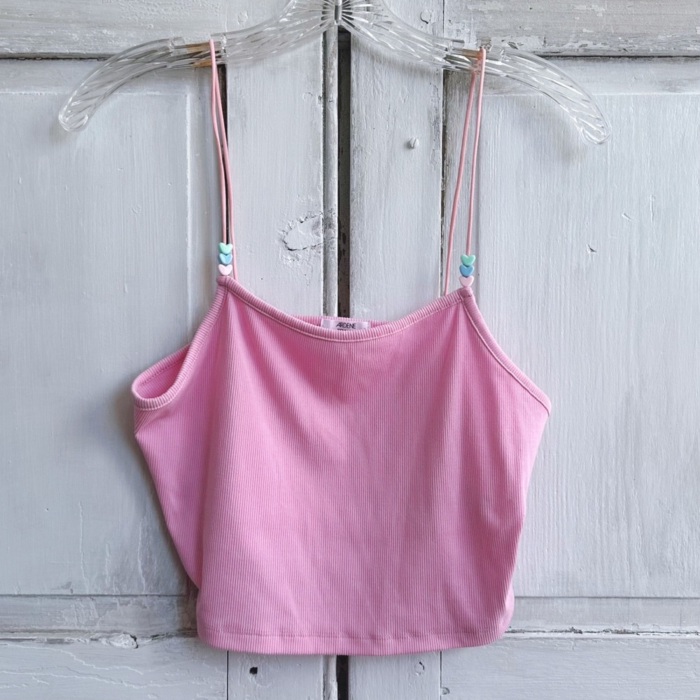 Ardene pinky purple cami crop top with heart beads - super cute Large